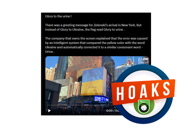 Hoaks, videotron di Times Square, New York City menampilkan kata-kata Glory to Urine untuk menyambut kedatangan Zelenskyy
