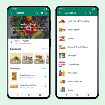 Tampilan halaman belanja online JioMart di dalam aplikasi WhatsApp, yang mirip seperti antarmuka di superapps macam Gojek dan Grab.