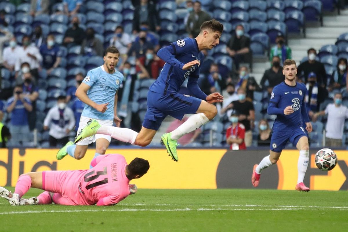Gelandang Chelsea Kai Havertz mencetak gol pertama timnya pada laga final Liga Champions kontra Manchester City di Stadion Dragao, Porto, pada Minggu (30/5/201) dini hari WIB.