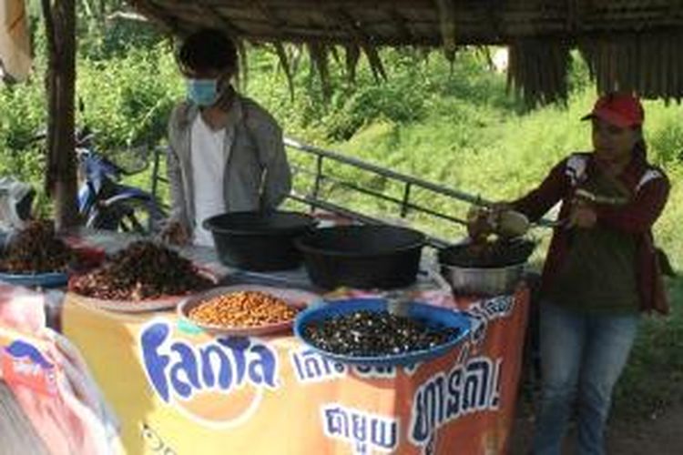 Penjual serangga goreng di kawasan pinggiran kota Siem Reap, Kamboja.
