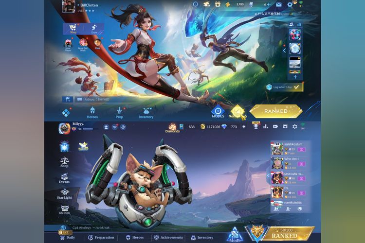 Ilustrasi tampilan utama dan menu di Honor of Kings (atas) dan Mobile Legends (bawah).