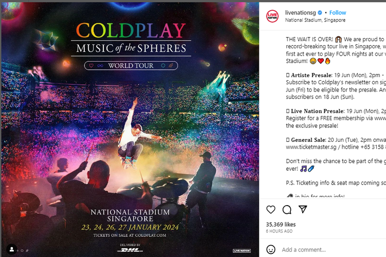 Konser Coldplay bertajuk Music of the Spheres World Tour di Singapura akan berlangsung selama empat hari, mulai 23-27 Januari 2024.