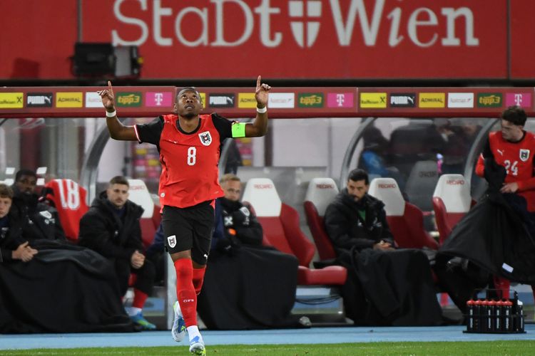 David Alaba dari timnas Austria bereaksi pada pertandingan persahabatan antara Austria dan Korea Selatan di Wina, Austria, pada 31 Maret 2026.