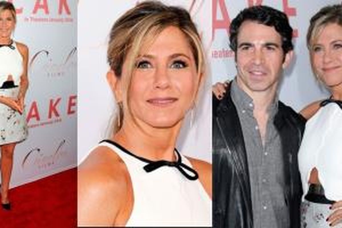 Gaya lebih muda Jennifer Aniston di atas karpet merah dan berpose bersama lawan mainnya Chris Messina saat acara peluncuran film Cake.