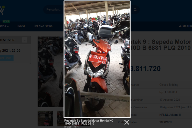 Tangkapan layar laman lelang Honda Vario yang akan diselenggarakan pemerintah di situs lelang.go.id