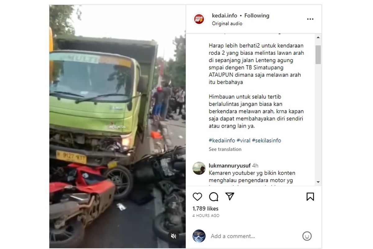 Kecelakaan di Lenteng Agung, beberapa pemotor lawan arah dan tertabrak truk