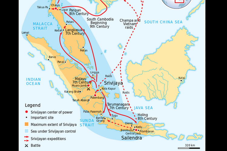 Wilayah kekuasaan Kerajaan Sriwijaya sekitar abad ke-8, membentang dari Sumatera, Jawa Tengah, hingga Semenanjung Malaya. Panah merah menunjukkan rangkaian ekspedisi dan penaklukan Sriwijaya.