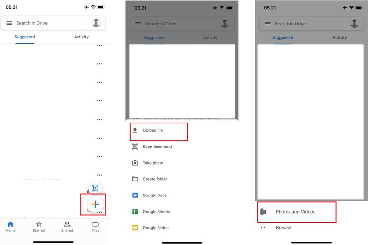 Ilustrasi cara upload foto ke Google Drive lewat HP iPhone.