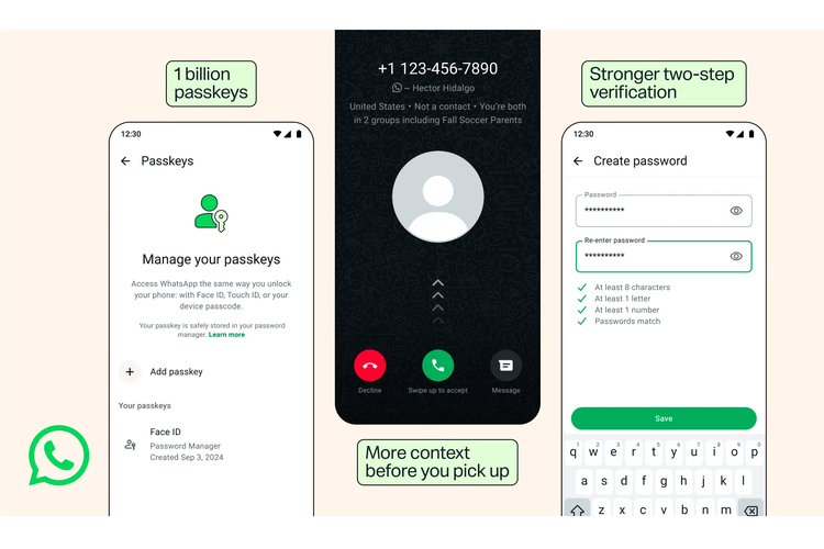  WhatsApp mengumumkan tiga fitur keamanan baru, yakni dukungan lebih dari satu passkey, peningkatan sistem verifikasi dua langkah (two-step verification/2FA), serta informasi tambahan ketika pengguna menerima panggilan dari nomor yang tidak dikenal.
