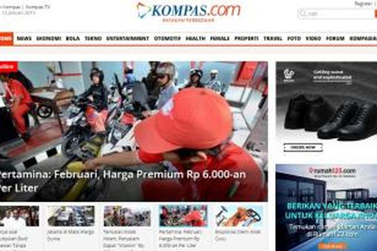 Tampilan welcome page Kompas.com paling atas.