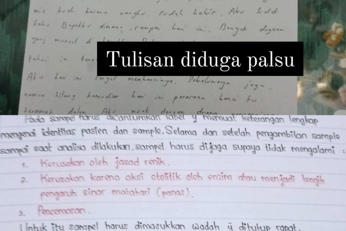 Perbandingan tulisan wasiat Mahira yang diduga palsu dengan tulisan Mahira yang lain. 