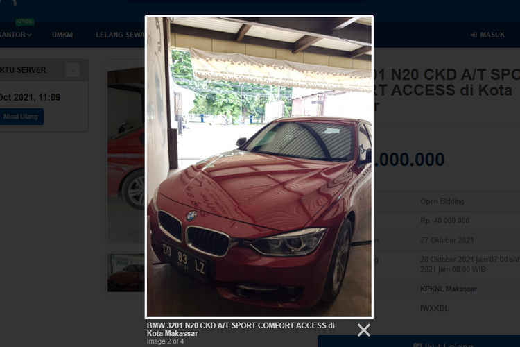 Tangkapan layar laman lelang BMW 320i lansiran 2015 yang akan diselenggarakan pemerintah di situs lelang.go.id