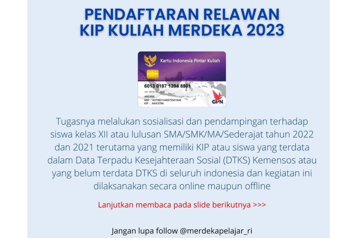 Kemendikbud membuka lowongan relawan KIP Kuliah merdeka 2023