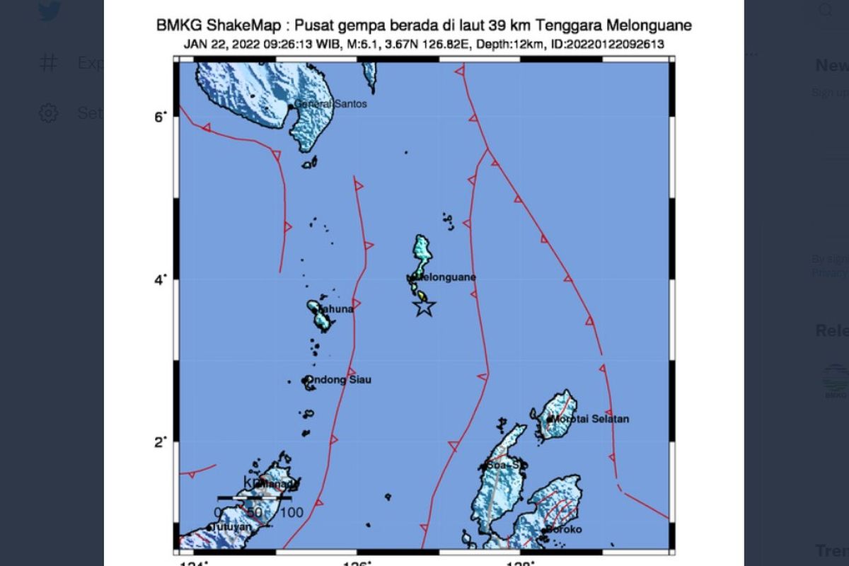 Tangkapan layar Twitter @InfoGMKG Gempa Talaud, Sulawesi Utara, Sabtu (22/1/2022). Gempa terkini mengguncang Kepulauan Talaud berkekuatan M6,1, tidak berpotensi tsunami.