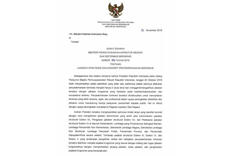 Tangkapan layar surat edaran Menteri PANRB mengenai perampingan birokrasi