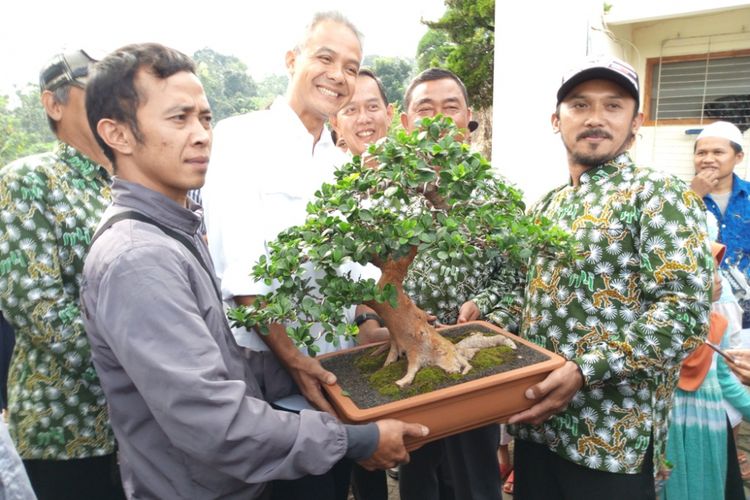 Calon Gubernur Jawa Tengah Ganjar Pranowo menolak cinderemata yang diberikan Ketua Perkumpulan Penggemar Bonsai Indonesia (PPBI) Semarang Sarno Kosasih, di Griya Puspita Sari, Bergas, Kabupaten Semarang, Rabu (14/3/2018) sore.