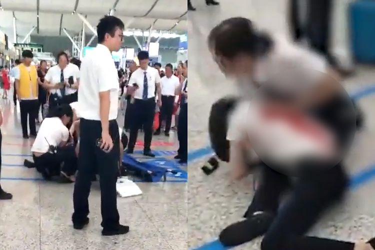 Potongan gambar media sosial memperlihatkan seorang staf stasiun di Shenzhen, China, ditusuk penumpang karena ketinggalan kereta Selasa (18/6/2019).