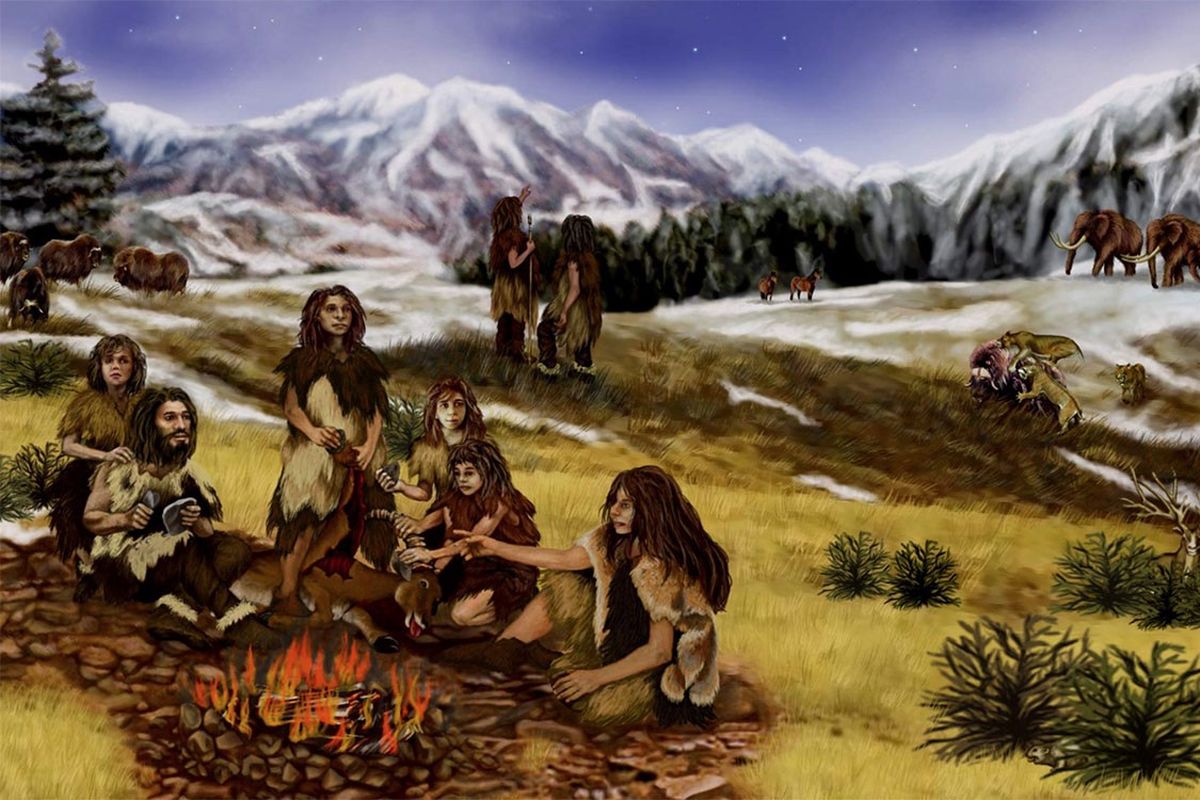 Ilustrasi manusia purba yang hidup dengan cara nomaden atau berpindah-pindah tempat.