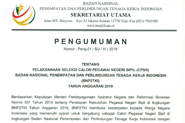 BNP2TKI resmi umumkan pembukaan seleksi calon pegawai negeri sipil (CPNS) tahun 2019.