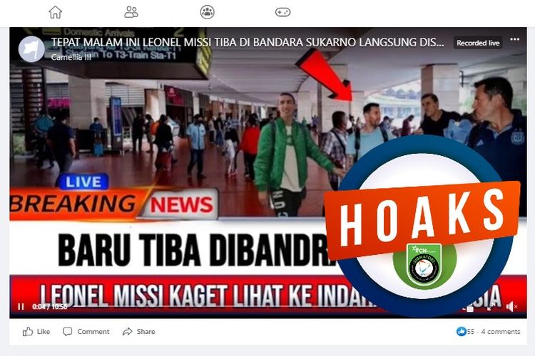 Tangkapan layar Facebook narasi yang menyebut Messi telah tiba di Bandara Soekarno-Hatta pada 14 Juni 2023 