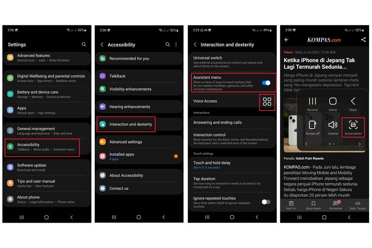 Cara aktifkan menu asisten di HP Samsung untuk melakukan screenshot.