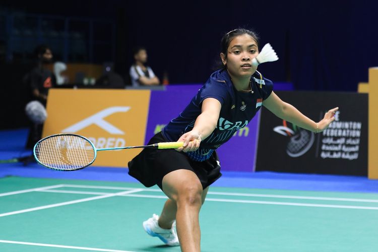 Tunggal putri Indonesia Gregoria Mariska Tunjung saat tampil pada 32 besar Badminton Asia Championships 2023 di Sheikh Rashid Bin Hamdan Indoor Hall, Dubai, Uni Emirat Arab, Rabu (26/4/2023).
