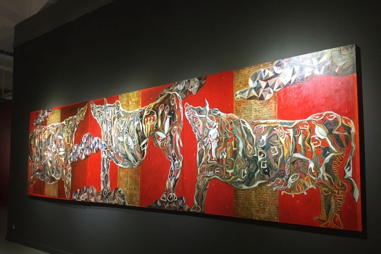 Lukisan karya Gigih Wiyono berjudul Suara Rakyat dalam pameran Dua Kutub di Galeri Nasional Indonesia, Jakarta, Kamis (11/1/2018). 