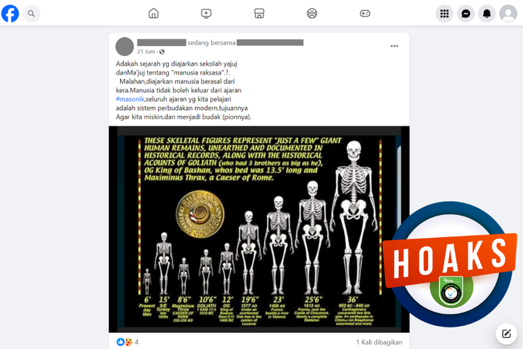 Tangkapan layar unggahan dengan narasi hoaks di sebuah akun Facebook, 29 Juni 2023, berisi infografik panjang kerangka manusia yang memiliki panjang sampai 10,9 meter.