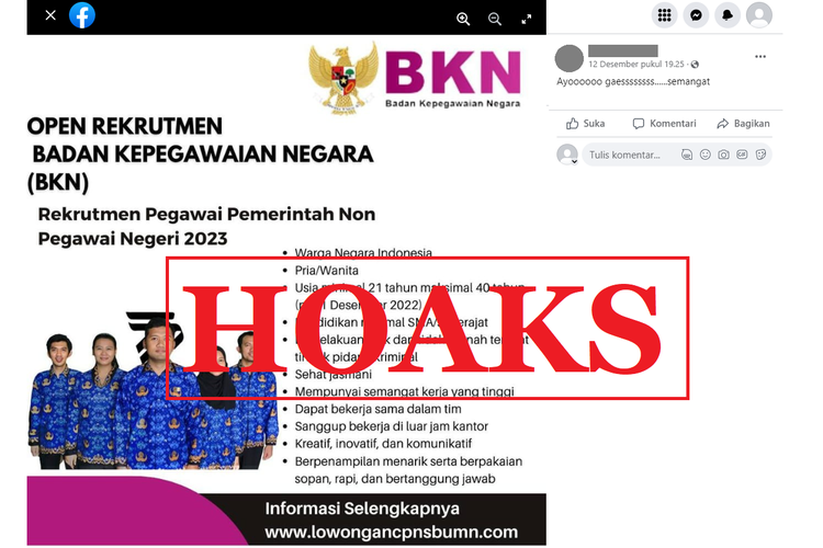 Tangkapan layar unggahan dengan narasi hoaks di sebuah akun Facebook, Senin (12/12/2022), soal poster yang menginformasikan rekrutmen BKN tahun 2023. BKN telah membantahnya dan menyatakan itu hoaks.