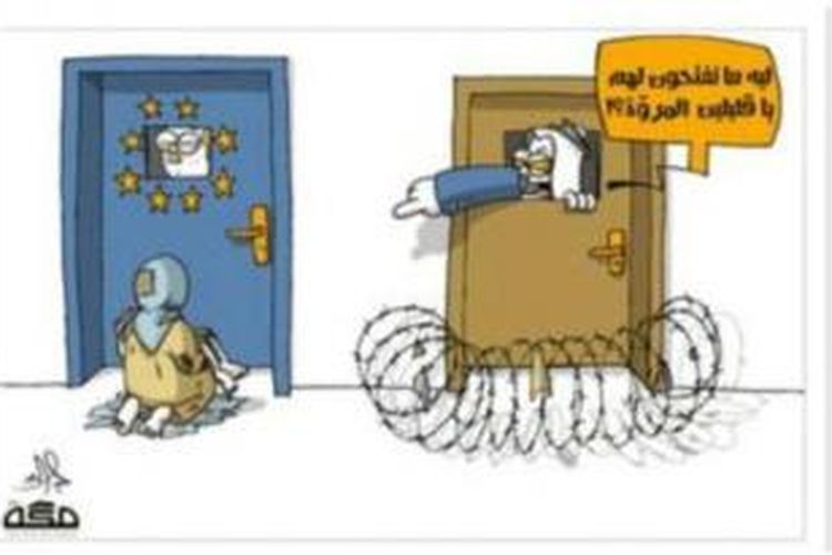 Sebuah kartun yang diterbitkan harian Makkah menunjukkan kritik terhadap sikap pemerintah negara-negara Teluk yang kaya karena mereka menutup pintu untuk pengungsi Suriah namun memaksa Uni Eropa menerima mereka.