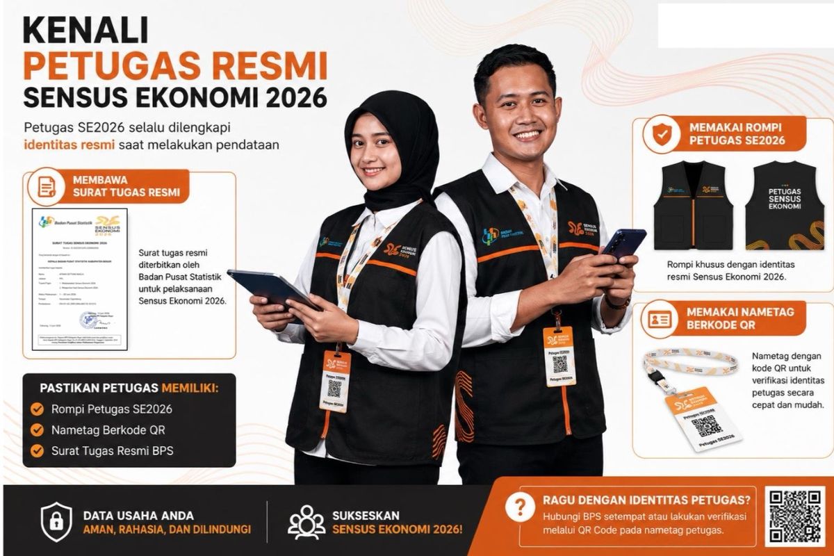 Badan Pusat Statistik (BPS) resmi menggelar Sensus Ekonomi 2026 (SE2026) yang berlangsung dari 15 Juni hingga 31 Agustus 2026. Masyarakat diminta mengenali petugas resmi sensus yang akan siap datang dari rumah ke rumah.