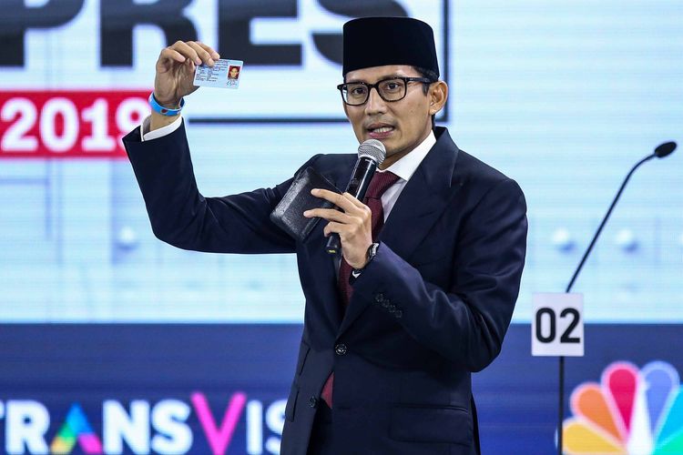 Calon wakil presiden nomor urut 02 Sandiaga Uno berbicara dalam debat ketiga Pilpres 2019 di Hotel Sultan, Jakarta, Minggu (17/3/2019) malam. Peserta debat ketiga kali ini adalah cawapres masing-masing paslon dengan tema yang diangkat adalah pendidikan, kesehatan, ketenagakerjaan, sosial, dan budaya.