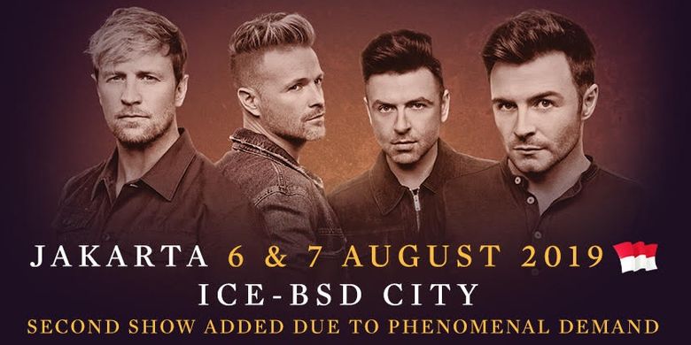 Poster konser Westlife di ICE BSD pada 6 dan 7 Agustus 2019.
