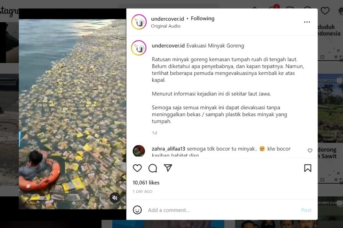 Sebuah video sempat viral beberapa waktu lalu lantaran menampilkan ratusan minyak goreng kemasan terombang-ambing di laut lepas. Dalam video tersebut terlihat sebuah kapal dan beberapa orang berusaha mengumpulkan ratusan minyak goreng yang terombang-ambing di laut. Salah seorang yang diduga kru kapal bahkan memakai pelampung agar bisa mengambil minyak goreng yang hamparannya sampai jauh dari kapal. Terlihat tumpukkan ratusan minyak goreng di atas kapal yang sudah berhasil diambil.