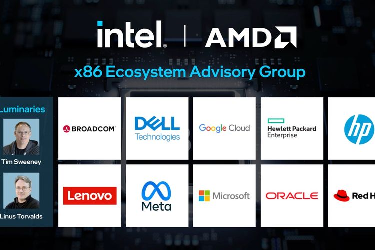 Vendor yang menjadi anggota pendiri kelompok penasihat x86 Ecosystem Advisory Group mencakup Broadcom, Dell Technologies, Google Cloud, Hewlett Packard Enterprise (HPE), HP Inc., Lenovo, Meta, Microsoft, Oracle, serta Red Hat.