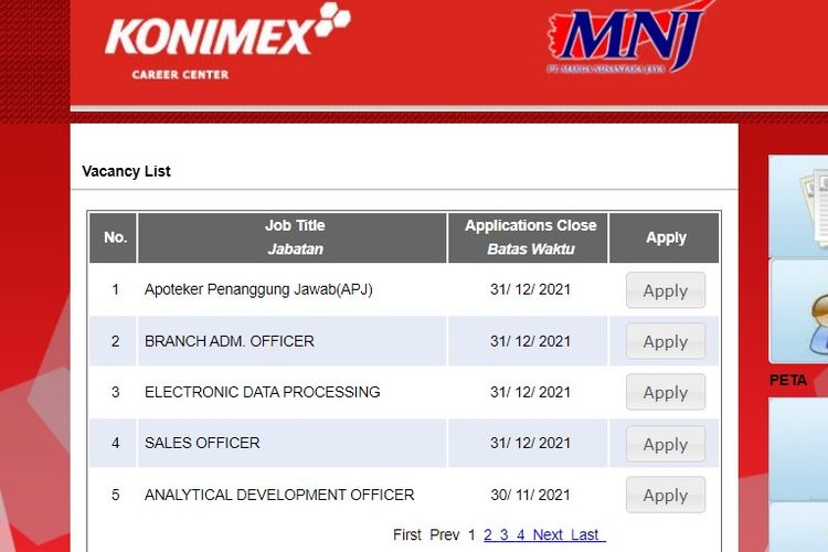 Tangkapan layar informasi lowongan pekerjaan di PT Konimex, November 2021.