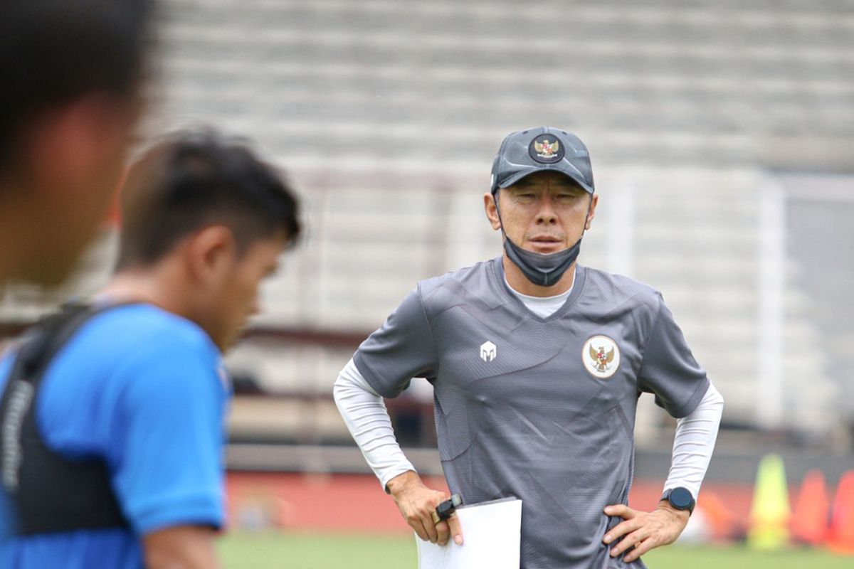 Indonesian national football team coach Shin Tae-yong holds a practice session for the U22 soccer team in preparation for the 2021 SEA Games in Jakarta between February 8-28