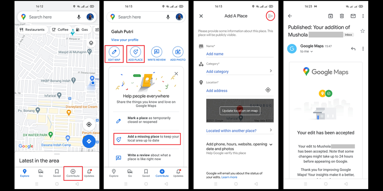 Langkah-langkah menambah lokasi baru di Google Maps via aplikasi Android. Jika disetujui, pengguna akan menerima e-mail konfirmasi dari Google.