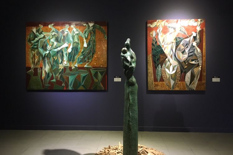 Hasil karya seni lukis dan patung seniman Gigih Wiyono dalam pameran Dua Kutub, di Galeri Nasional Indonesia, Jakarta, Kamis (11/1/2018). 