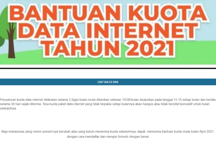 Tangkapan layar website mengatasnamakan bantuan kuota internet Kemendikbud