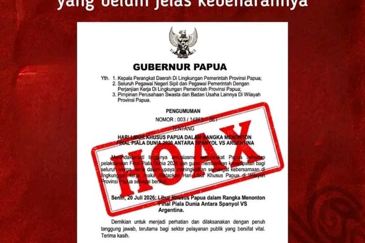 Surat Edaran Libur untuk Nonton Final Piala Dunia Viral, Pemprov Papua Tegaskan Hoaks
