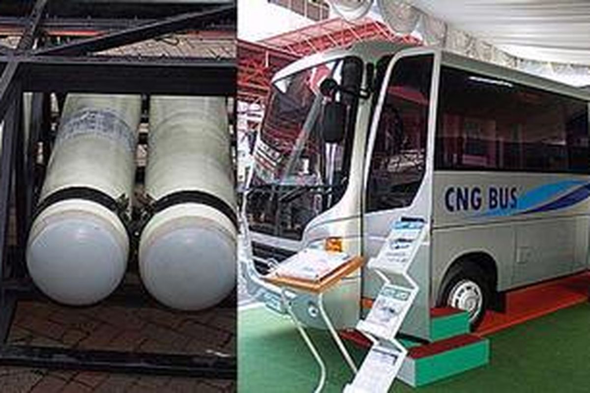 Bus CNG atau BBG yang ditawarkan Hyundai (kanan) dan tabung BBG yang digunakan pada bus gandeng