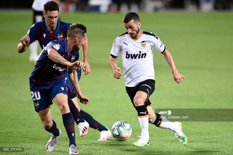 Bek Levante Jorge Miramon dan gelandang Levante Nikola Vukcevic (kiri) dalam perebutan bola dengan bek Valencia Jose Gaya (kanan) di pertandingan La Liga Spanyol antara Valencia vs Levante di Stadion Mestalla pada 12 Juni 2020.