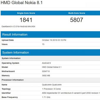 Bocoran screenshot Geekbench yang menampakkan nama Nokia 8.1.