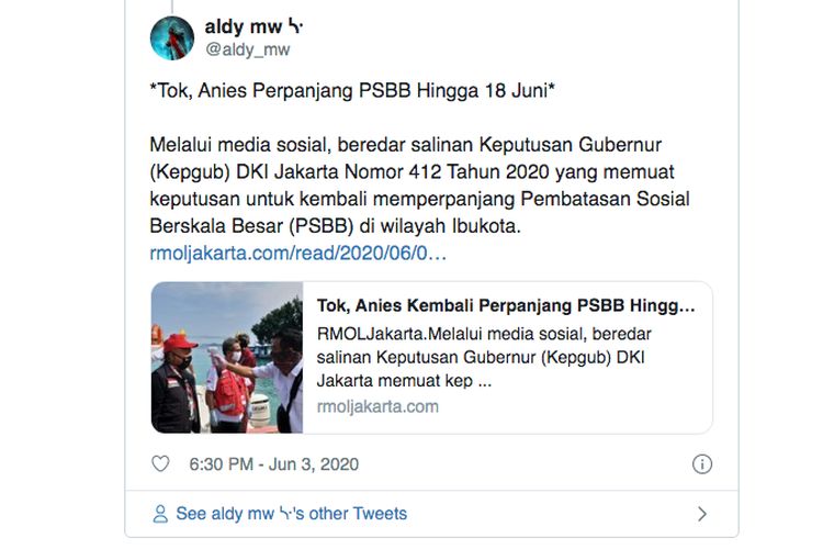 Salah satu akun di media sosial memposting informasi yang salah terkait perpanjangan PSBB di Jakarta.