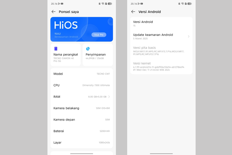 Tecno Camon 40 Pro 5G menjalankan sistem operasi (OS) Android 15 dan dilapisi dengan antarmuka (User Interface/UI) HiOS 15. 