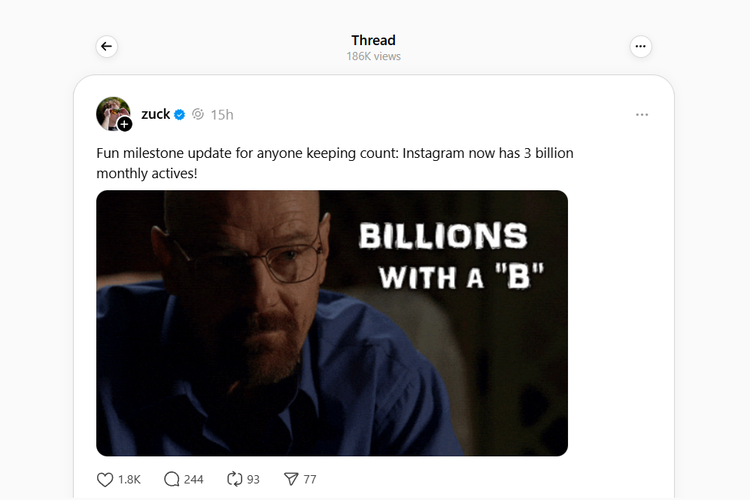 CEO Meta, Mark Zuckerberg mengabarkan bahwa Instagram sudah tembus 3 miliar pengguna aktif bulanan pada September 2025 ini.