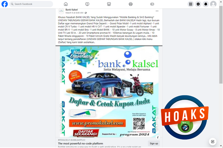 Tangkapan layar konten hoaks di sebuah akun Facebook, Sabtu (9/3/2024), soal gebyar undian berhadiah yang ditawarkan akun Facebook mengatasnamakan Bank Kalsel.