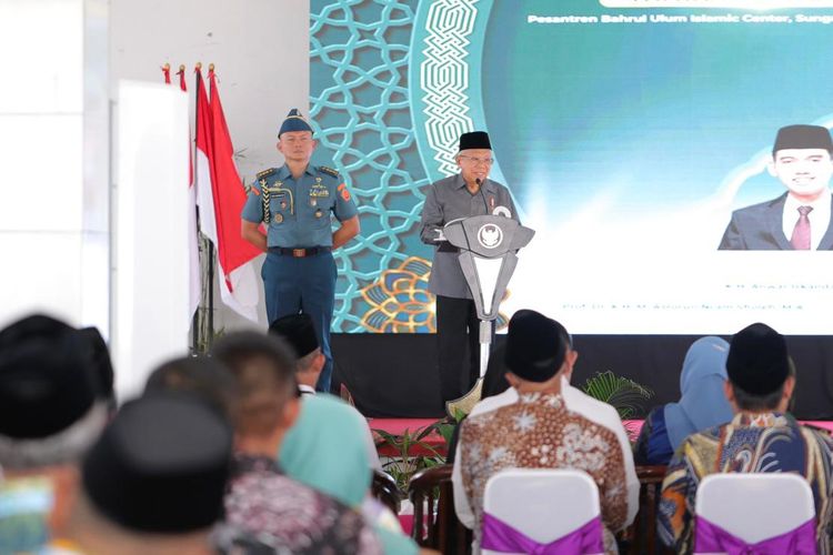 Wapres Ma'ruf Amin saat memberikan sambutan Ijtima Ulama di Bangka, Kepulauan Bangka Belitung, Rabu (29/5/2024).