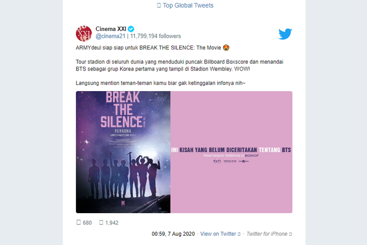 Unggahan akun Twitter Cinema XXI mengenai film terbaru BTS, Break The Silence. Namun, unggahan ini kini telah dihapus.